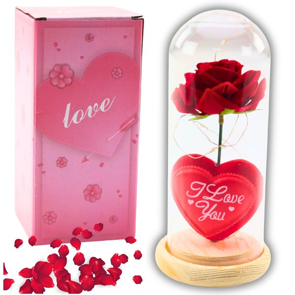 Ewige Rose in einer Kuppel mit LED-Beleuchtung Rot mit Herz 18,5x8cm