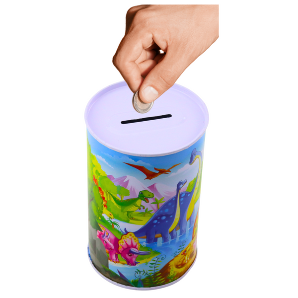 Sparschwein mit Dinosauriern, Metall, bunt, 13 x 8 cm