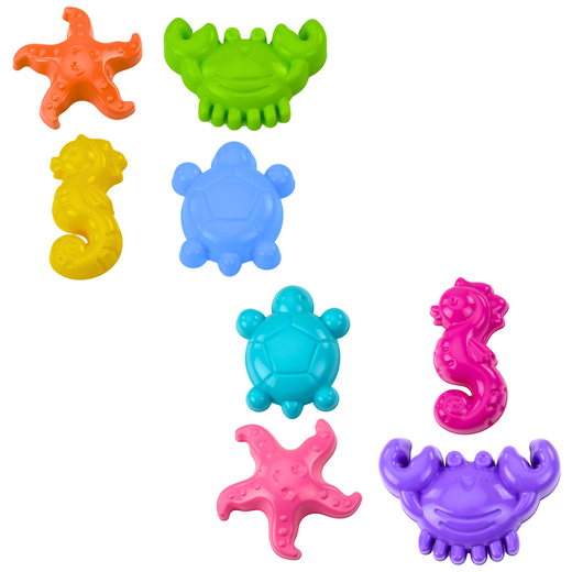 Meeressandformen, 4 Stück, Krabbe, Schildkröte, Seestern, Pferd, gelb, grün