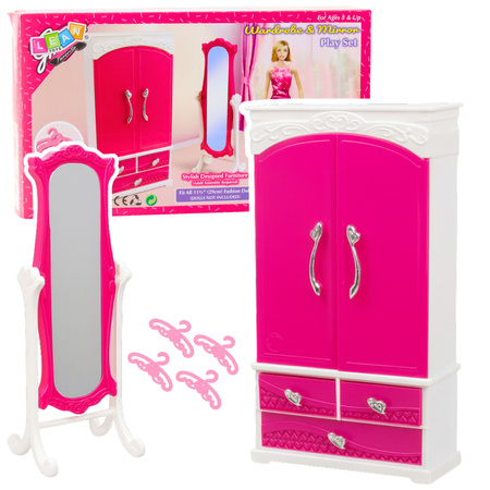 Doll Furniture Set Wardrobe Mirror Hangers Pink