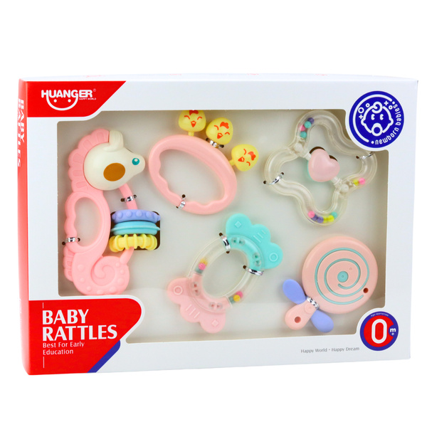 Set sensorischer Rasseln und Beißringe für Babys, Rosa, 5-teilig