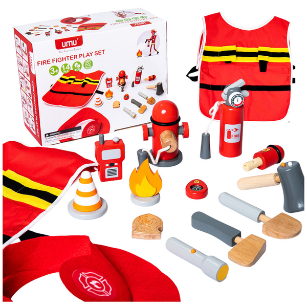 Feuerwehrmann-Set Kostüm Feuerwehrmann-Zubehör Holz 14-teilig