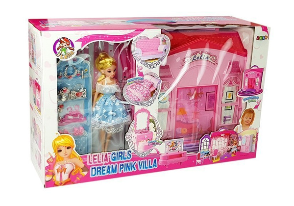 Fold-out dollhouse Blonde doll with accessories Kitchen Toilet Bedroom in a Suitcase