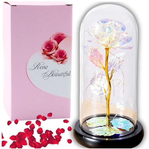 Eternal Rose in a Glass Crystal Dome, Colorful LED Lighting, 21x11cm