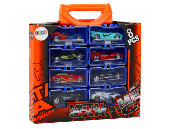 A set of cars with springs in a metal suitcase, 8 pieces