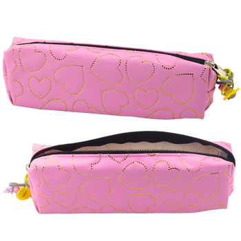 School Office Pencil Case, Single Compartment, Golden Hearts, Pink, 20x6.5 cm