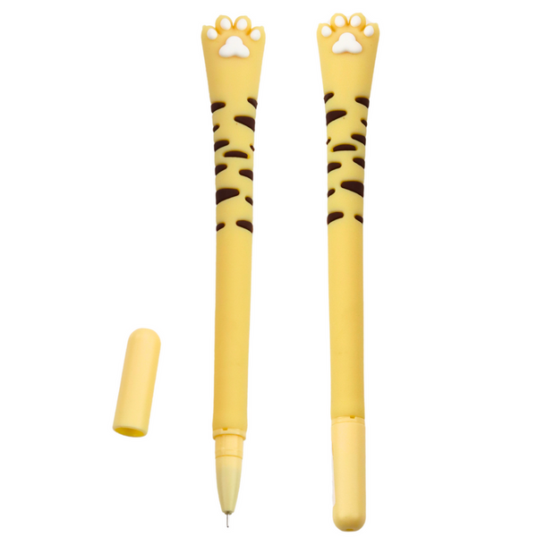 Gelstift mit Katzenpfoten-Motiv, blaue Tintenkappe, Streifen, Gelb, 16,5 cm