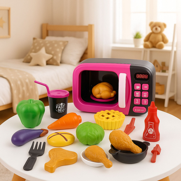 Microwave Toy For Kids Food 360 Rotation Lights Sounds Pink
