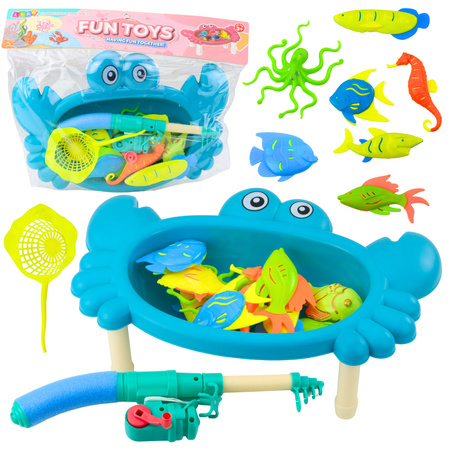 Angelset: Krabbentisch, 10 Fische, Angelrute, Sieb, blau
