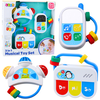 Set of musical toys for toddlers. Telephone, tambourine, keys, sounds, 3 pcs.