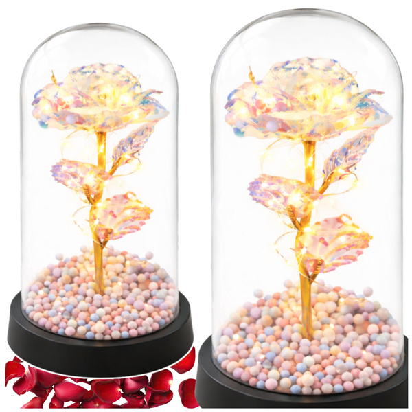 Ewige Rose in einer Glaskuppel mit LED-Kristallbeleuchtung, 21,5 x 11 cm