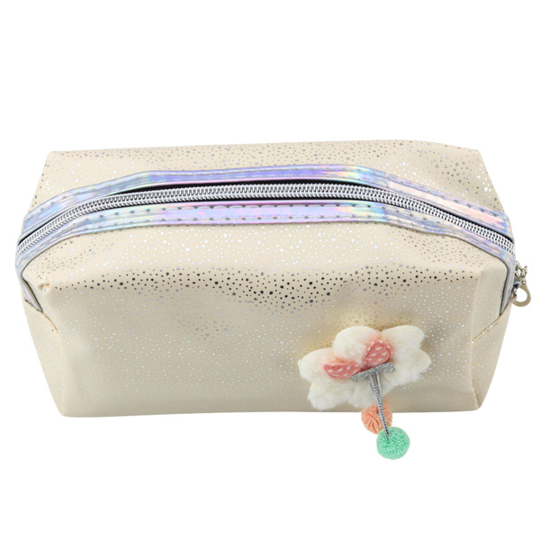 Pencil Case Cosmetic Bag Bow Shimmering Particles Beige