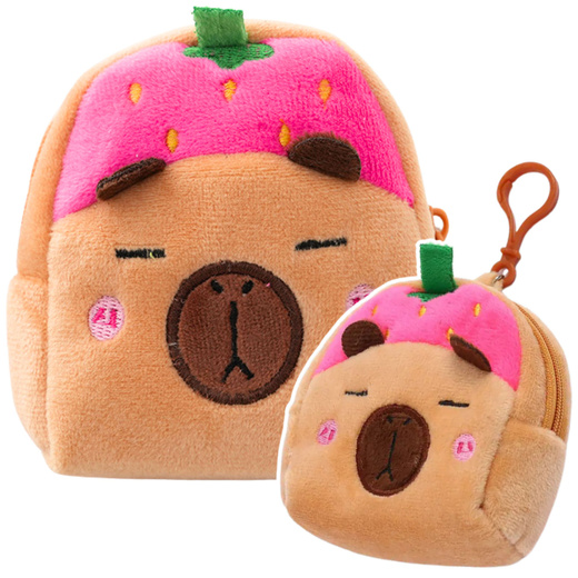 Plush Wallet with Keychain Capybara Strawberry Pink 9.5 x 8 cm