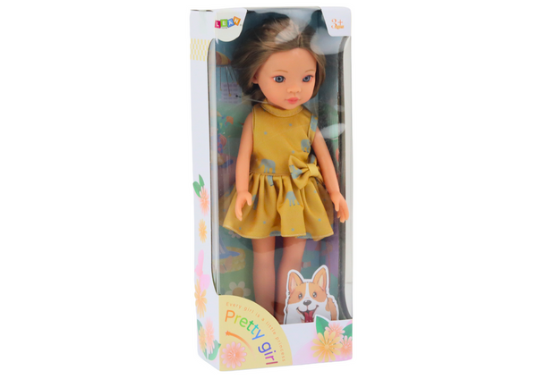 Puppe, gelbes Kleid, braunes Haar, große Puppe, 33 cm