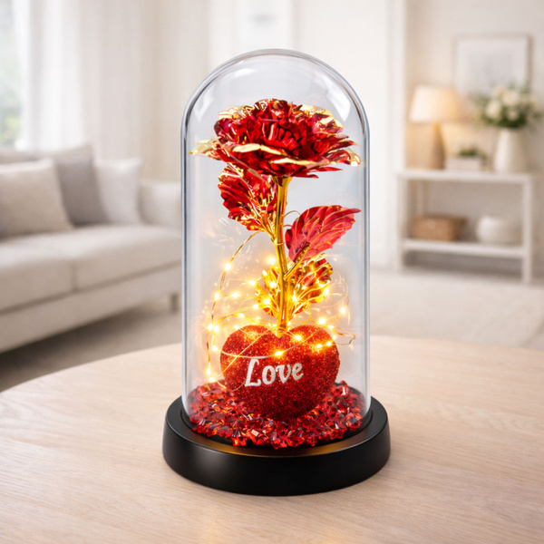 Wieczna Róża w Kopule z Oświetleniem LED Sercem Koralikami Czerwona 21x11cm