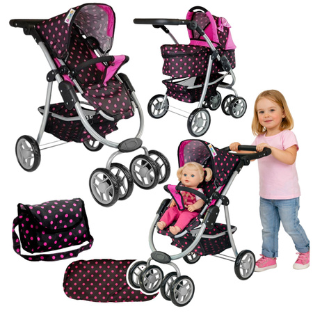 2in1 Puppenwagen mit schwarz-rosa Gondel Tasche