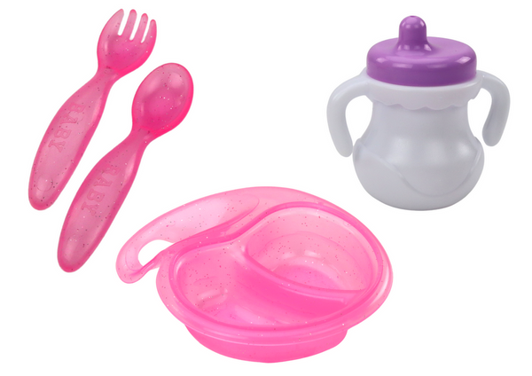 Baby doll, pink clothes, headband, feeding accessories
