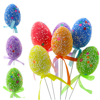 Easter Eggs On A Wire Pick Colorful White Patterns Ribbon Decoration 6pcs