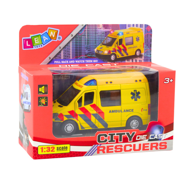 Ambulance Metal Pull Back Motorized Lights Sounds Yellow 1:32