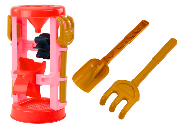 Set aus Sandspielzeug, Mühle, Formen, Burgen, Gießkanne, rosa