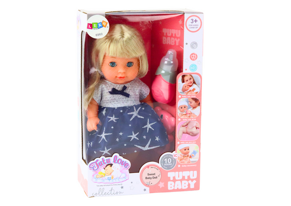 Doll In Navy Blue Dress Peeing Bottle Rattle Sounds