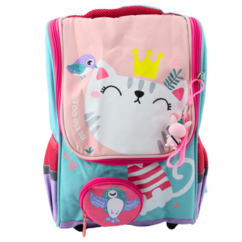School Backpack White Cat Bag With Bird Pendant 21L