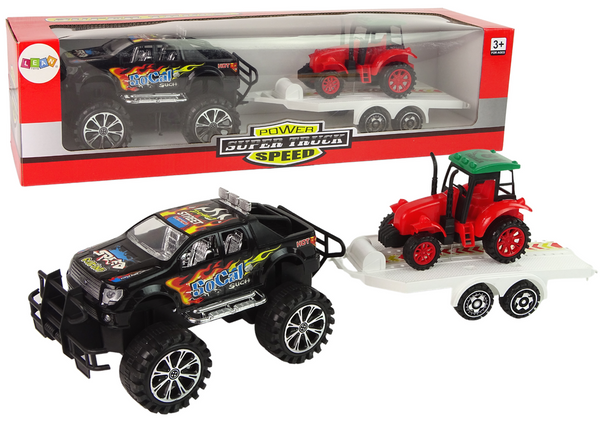 Set of Vehicles with Friction Off- road Car Black and Excavator