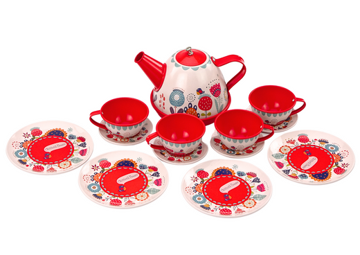 Tea and coffee set in a box, plates, cups, red