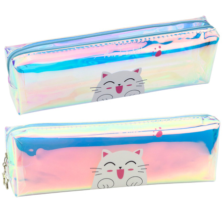 Kinder-Schulmäppchen Holografisch Mit Katze Blau 21x6cm