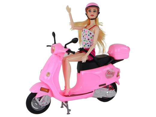 Set of a doll on a pink scooter with movable elements