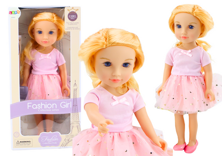 Doll in a dress with tulle, pink, blonde hair,