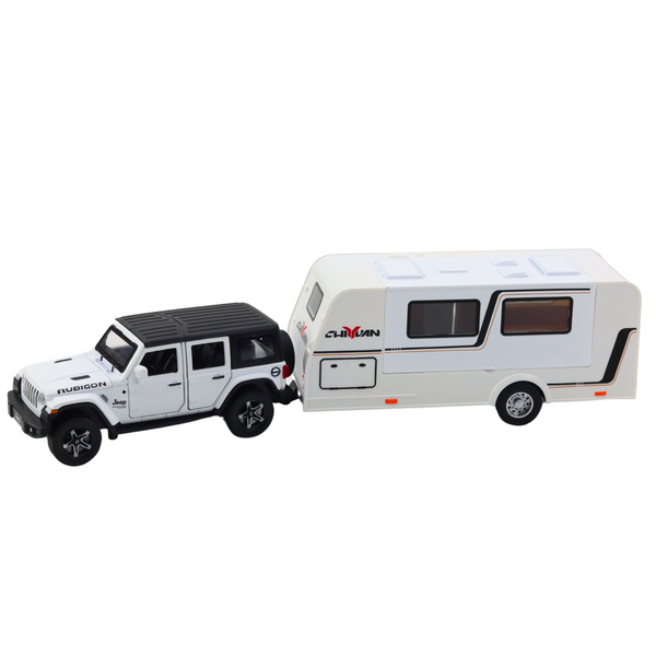 Geländewagen-Camper-Set, Metallantrieb, Lichter, Geräusche, Weiß, 1:32