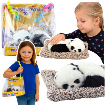 Sleeping Panda on a Pillow Figurine with Fur and Transparent Bag