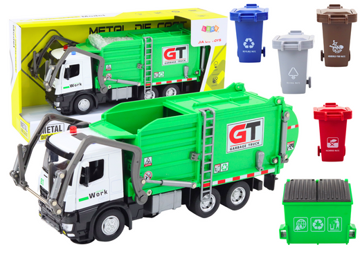 Multifunctional Green Metal Garbage Truck with Friction Drive and Colorful Baskets