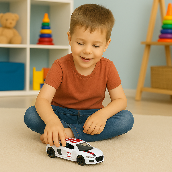 Sportwagen aus Metall, Rückziehfunktion, Lichter, Sounds, Weiß, 1:43