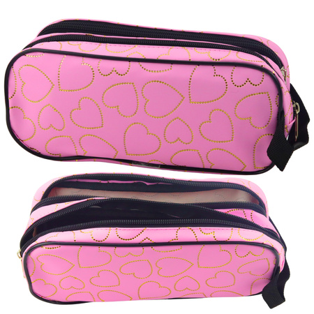 School Office Pencil Case with Two Compartments, Golden Hearts, Pink, 23.5x10 cm