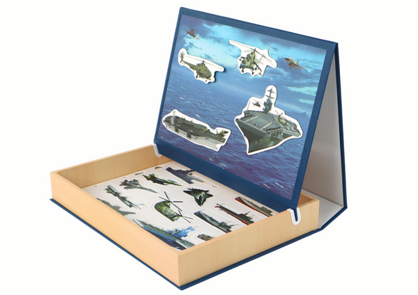 A set of educational magnetic puzzles with a military ship motif