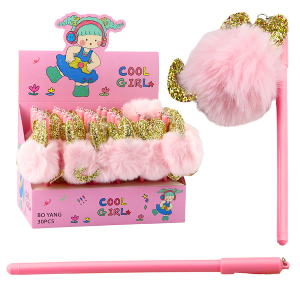 Gelstift mit rosa Bommelkappe und blauer Tinte, 17 cm, 0,5 mm