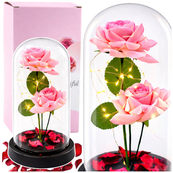 Ewige Rosen in einer Kuppel mit LED-Beleuchtung und rosa Rosenblättern 21x11cm