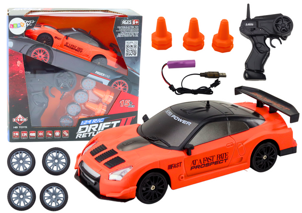 Remote Controlled R/C Sports Car 1:24 Orange Interchangeable Wheels