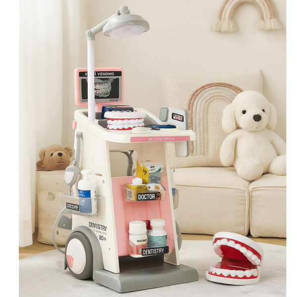 Arzt-Zahnarzt-Set, medizinischer Wagen, Beleuchtung, rosa, 26-teilig.