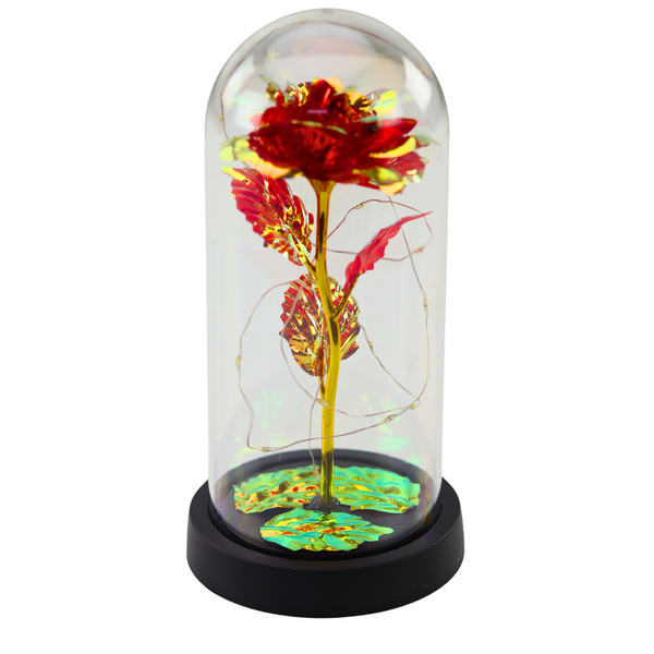 Ewige Rose in Glaskristallkuppel, LED-Beleuchtung, Rot, 21 x 11 cm