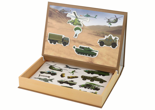 A set of educational magnetic puzzles with a land war motif