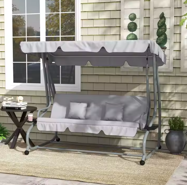 Four-person Garden Swing Rocking Chair Freestanding Canopy Gray