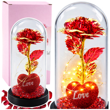 Eternal Rose in Dome with LED Lighting Heart Beads Red 21x11cm
