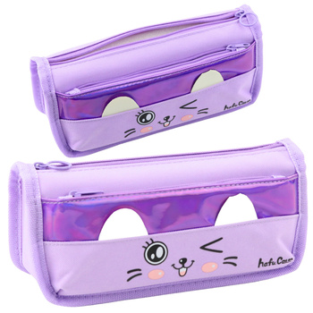 School Pencil Case Two Pockets Cat Motif Purple 22cm