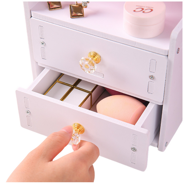 Mini-Schminktisch, Schminkspiegel, zwei Schubladen, Holzhände, weiß