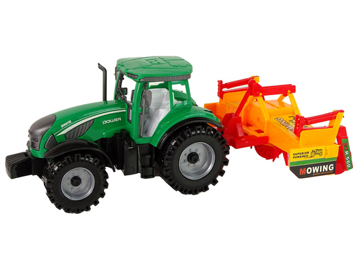 Grüner Traktor mit orangefarbenem Grubber für Kinder
