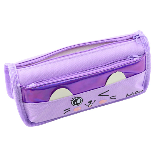 School Pencil Case Two Pockets Cat Motif Purple 22cm