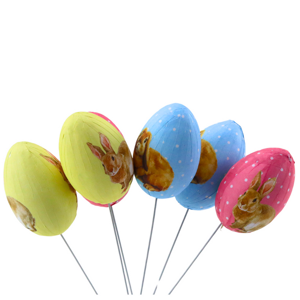 Easter Eggs On A Wire Pick Colorful With Bunnies Decoration 6pcs